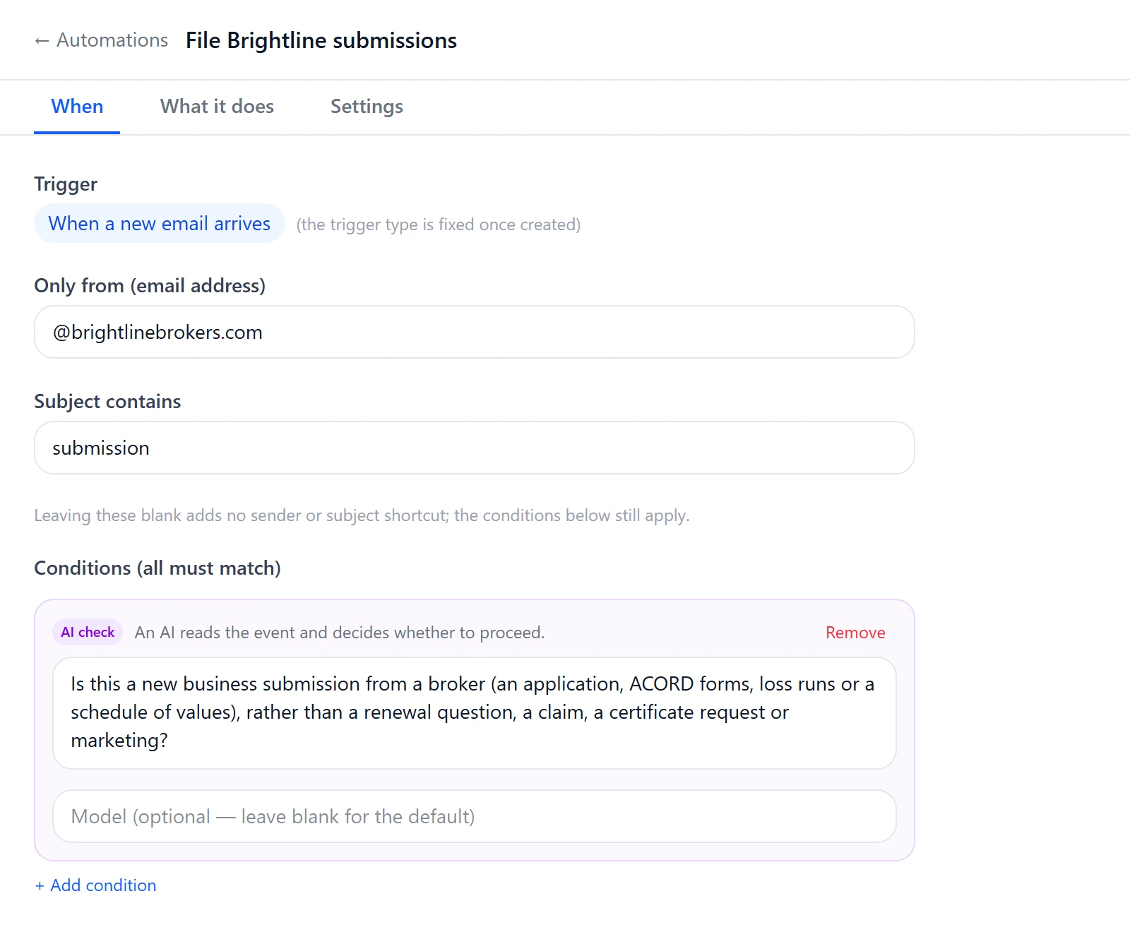 The automation editor with a new email trigger