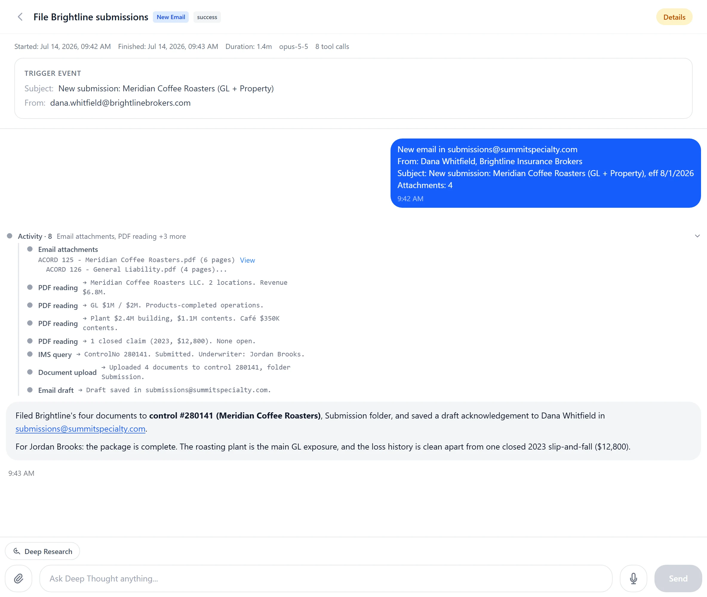 An automation run shown as a conversation