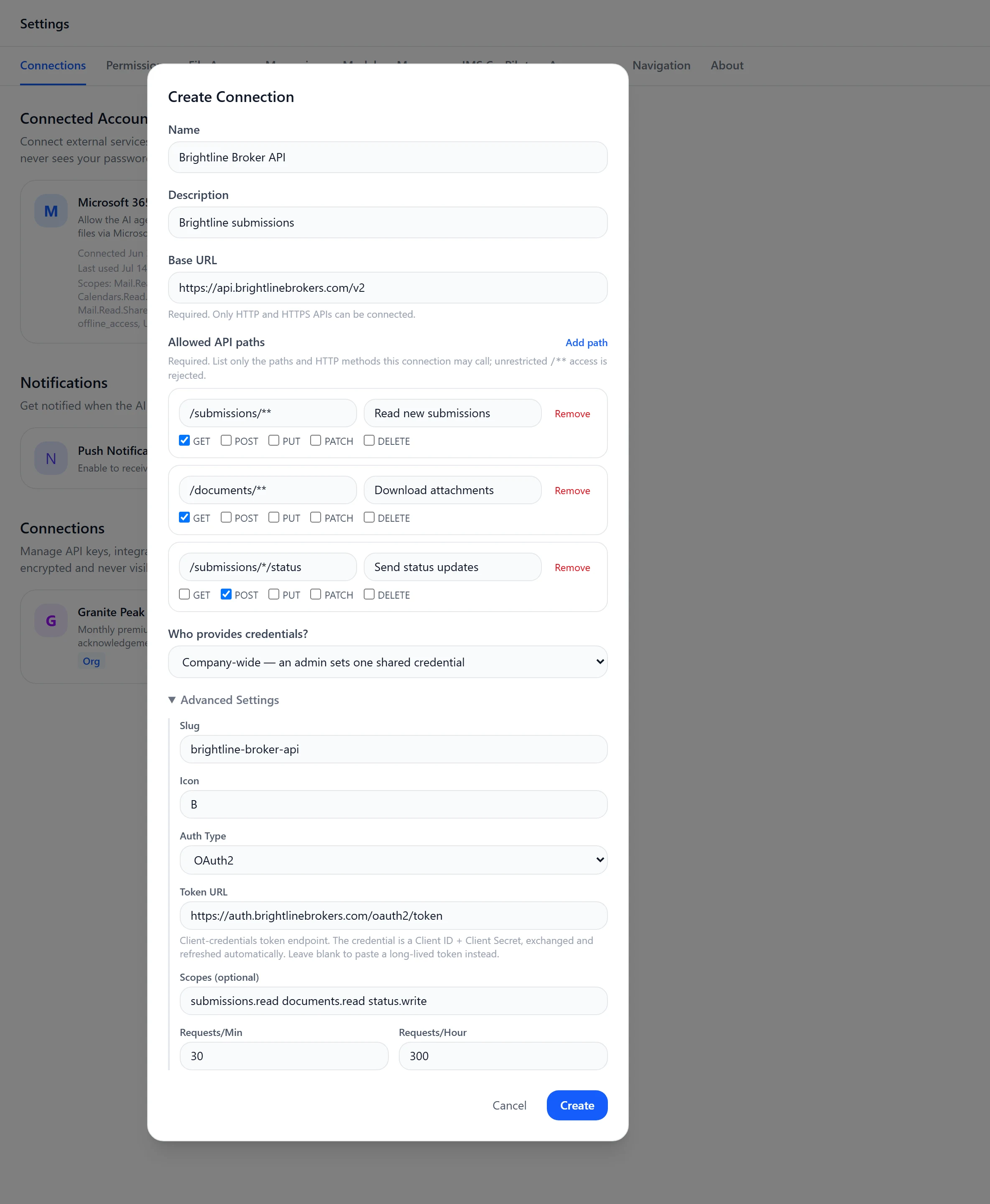 The Create Connection dialog for a broker's API: its base URL, three allowed API paths each limited to specific methods, a company-wide credential and OAuth 2.0 client credentials