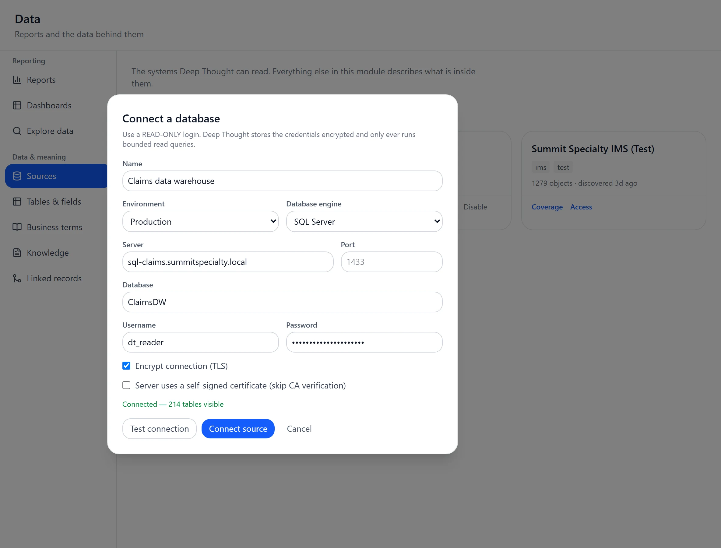 Adding a SQL Server source with a passed connection test