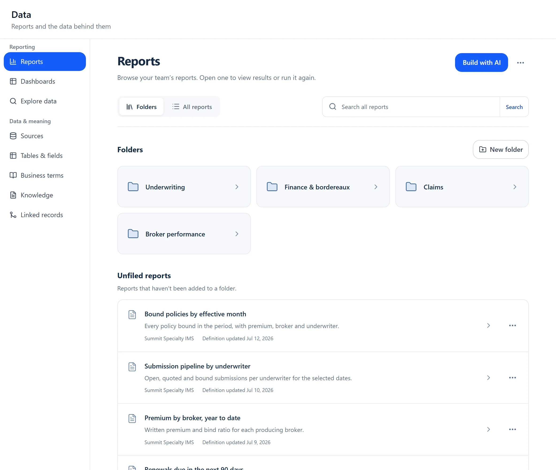 Saved reports in folders
