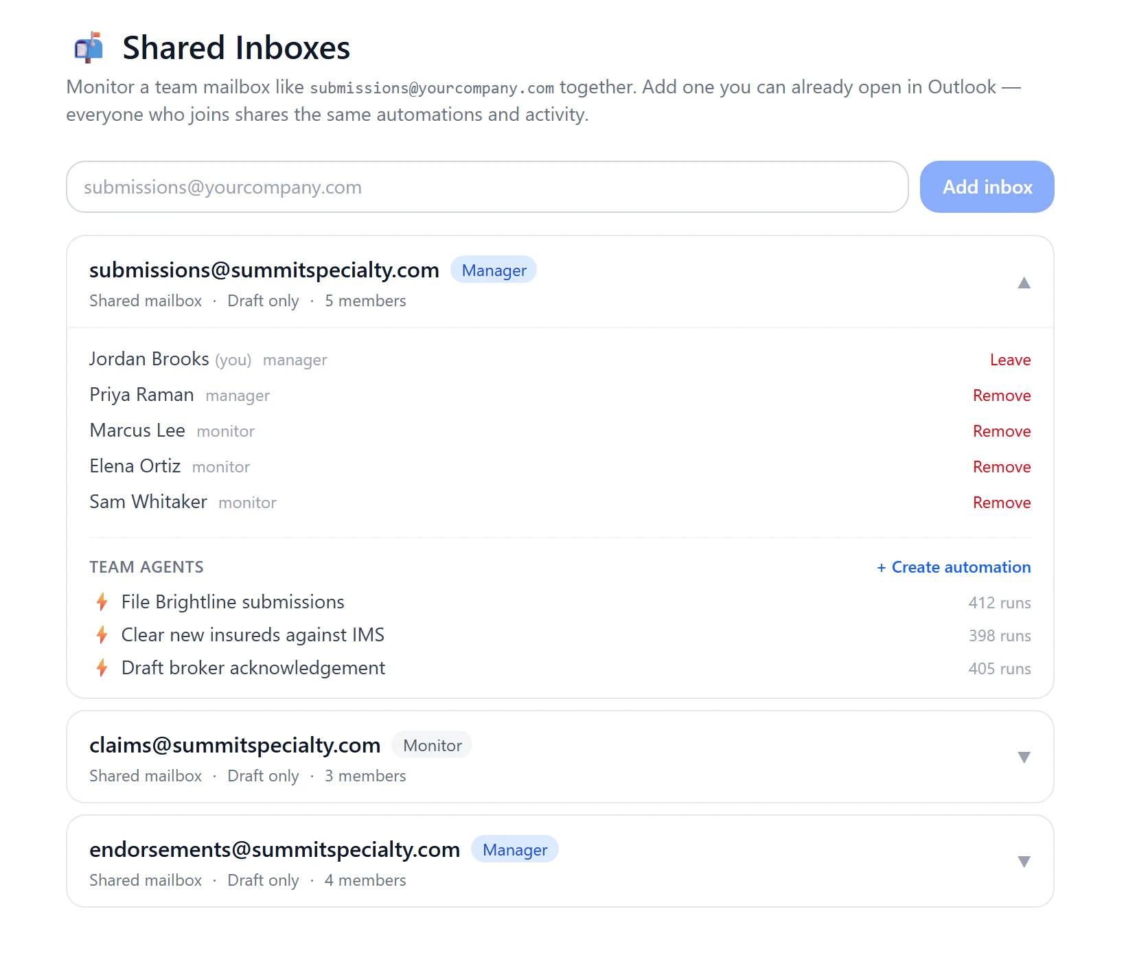 The Shared Inboxes view: submissions@summitspecialty.com with its members and the team automations that work it